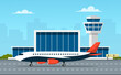© Jessica - Modern airport terminal and runaway scene in flat style. Airport terminal building with tower and airplane. Vector stock