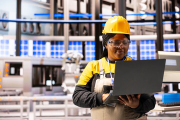 Poster - professional engineer in warehouse, focused on maintenance of solar energy systems and machinery. af