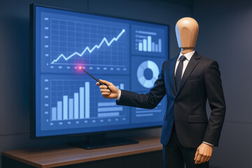 Poster - Growth strategy and analysis converge as a wooden mannequin in business attire presents upward trends and charts on a digital board