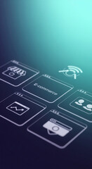Poster - Abstract image of digital icons on a gradient background, showcasing online shopping, e-commerce, and connectivity, symbolizing modern business and technology
