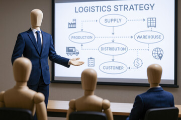 Poster - A mannequin in a suit conveys strategic planning for supply and distribution processes during a business presentation