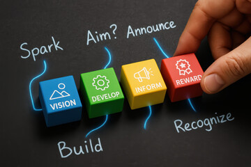 Poster - A arranges colored cubes symbolizing vision development communication and reward as steps to build and recognize success