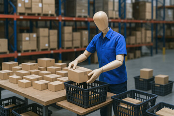 Poster - Efficient organization and coordination drive smooth parcel handling as a figure sorts packages in a warehouse setting