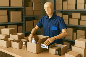 Poster - Efficiency and organization in order fulfillment are highlighted as a wooden mannequin prepares multiple packages in a warehouse environment