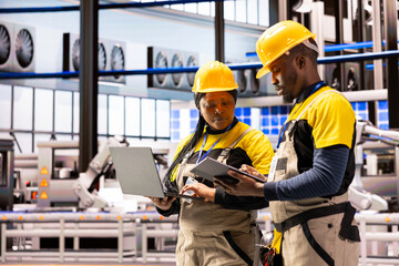 Poster - engineering team in smart manufacturing plant using tablet and laptop for quality control, ensuring 