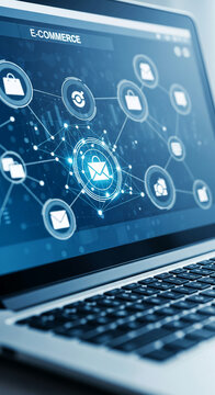 Laptop screen displaying e-commerce network, showcasing online shopping process and digital marketing concept