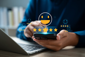 Canvas Print - Customer using tablet give five star rating, Submit satisfaction survey through online application. Positive feedback highlight excellent service and product quality, improving brand reputation.