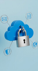 Poster - Blue cloud secured by padlock, symbolizing data protection and online security, showcasing secure cloud storage and digital safety