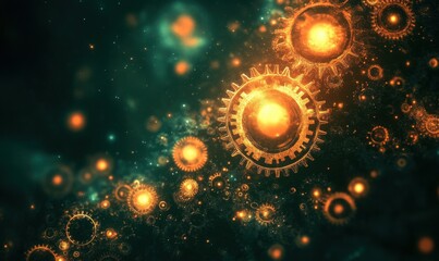 Poster - Abstract fractal design with golden circular elements on teal background