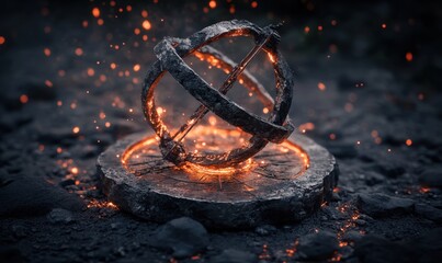 Poster - Abstract metal armillary sphere on stone base with glowing sparks