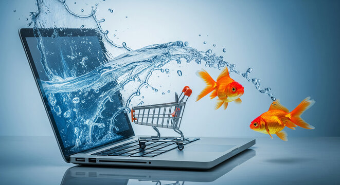 Laptop screen with water splash, shopping cart, and goldfish, symbolizing online shopping, innovation, and refreshing e-commerce experience