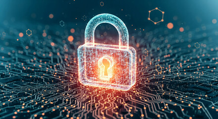 Fototapete - Glowing padlock on circuit board, symbolizing digital security and data protection, ideal for technology or cybersecurity concepts