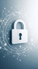 Poster - White padlock icon on blue background, surrounded by network connections, symbolizes digital security, data protection, and online safety, ideal for technology or cybersecurity concepts