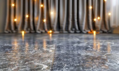 Aufkleber - Blurred interior featuring tile floor drapes and fairy lights backdrop