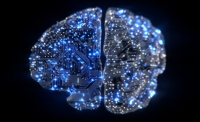 Poster - A digitally created image of a half-human, half-machine brain represents the integration of human intellect and technological stock