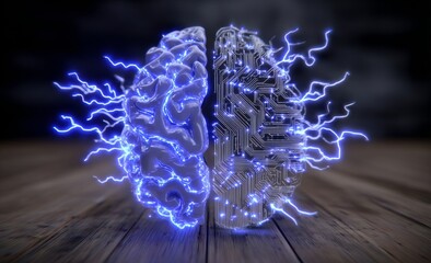 Poster - A digital image of a half-human, half-machine brain symbolizes the fusion of human intellect and artificial stock