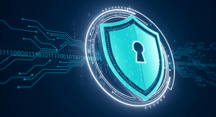 Leinwandbilder - Teal shield with keyhole, encircled by glowing digital ring, set against a circuit board background, symbolizing data security and protection