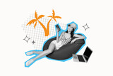 Trendy art creative full zine photo collage of happy girl sit beanbag hold phone laptop booking summer travel tree palm holiday
