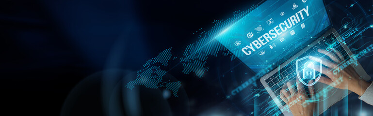 Poster - Businessmen use laptops and cybersecurity to protect data, prevent cyberattacks, ensure privacy, use firewalls, antivirus, encryption, and two-factor authentication for secure business operations.