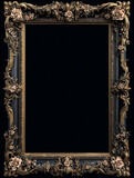3D render of an empty ornate picture frame, Rococo style, black background, roses and vines, gold accents, symmetrical design, ultra-realistic