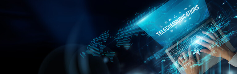 Poster - Businessmen use laptops and telecommunications to communicate instantly, access data remotely, conduct virtual meetings, share information securely, and improve business efficiency and connectivity.