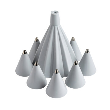 Arrangement of minimalistic gray cone shapes suggesting abstract architecture on transparent background