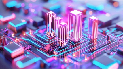 Poster - Futuristic tech landscape, vibrant purple and blue geometric shapes, abstract digital city, modern aesthetic for tech themes.