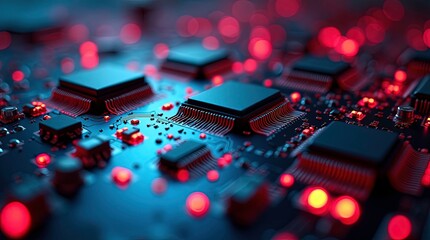 Fototapete - A close-up image of a circuit board with vibrant red lights, showcasing intricate electronic components and connections, Advance processing unit