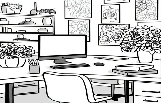 The isometric illustration represents a minimalist workspace that includes a computer, keyboard, mouse, stationery, plant, books, and monitor