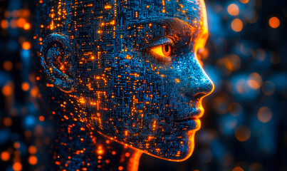 Aufkleber - Futuristic artificial intelligence face composed of glowing electronic circuit patterns in blue and orange digital light with advanced technology concept and cybernetic design