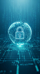 Leinwandbilder - Global network security concept, symbolized by a padlock icon over a digital Earth globe, representing cybersecurity and data protection on a worldwide scale