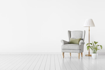 Poster - Simple traditional interior background with gray classic armchair, green plant and floor lamp. Empty white wall mockup with free space. 3d rendering.