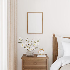 Poster - Traditional bedroom interior in white and brown shades. Mockup of horizontal frame hanging above bed. Classical home decoration. 3d rendering.