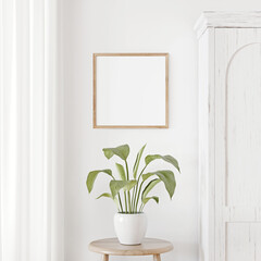Poster - Square wooden frame mockup in white living room interior with arched cabinet, curtain and green plant in pot. Light traditional home decoration. 3d rendering.