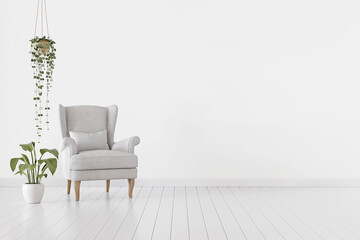 Poster - White living room interior with gray traditional armchair, pillow and hanging plant. Minimal home decoration. Empty wall mockup with free space. 3d rendering.