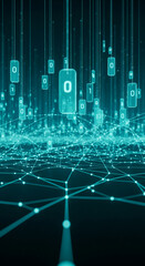 Poster - Abstract teal digital network, glowing lines connect nodes with hanging data blocks, showcasing technological connectivity and data flow, ideal for tech or network concepts