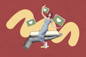 Poster - Poster image collage of person sit screen gadget moving with likes on red background