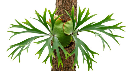 Isolated Transparent Staghorn Fern Exotic Green Foliage on Tree Bark
