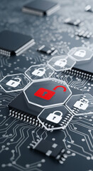 Leinwandbilder - Close-up of circuit board with padlock icons, one red unlocked, symbolizing cybersecurity vulnerability or data breach, showcasing technological risk
