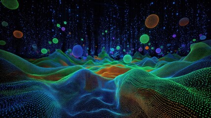 Poster - Abstract digital landscape with glowing spheres and dots