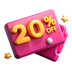 Aufkleber - Bright pink 3d tag featuring twenty percent off discount with golden stars isolated on transparent background