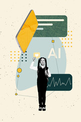 Poster - Composite artwork collage of young schoolgirl stand hold like banner smartphone touchscreen virtual learning knowledge back academic AI