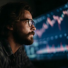 Poster - Focused man analyzing investment data on computer screen