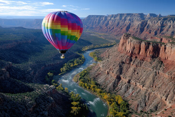 colorful hot air balloon floats over canyon and river on a clear sunny day