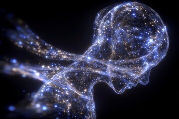 Poster - The concept of human, science, and technology is represented by an abstract illustration of a human face silhouette with floating data through the head