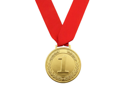 Realistic Golden First Place Award Medal with Red Ribbon Isolated