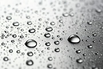 Poster - Close-up image of water droplets scattered on a smooth metallic surface with varying sizes and clear reflections.