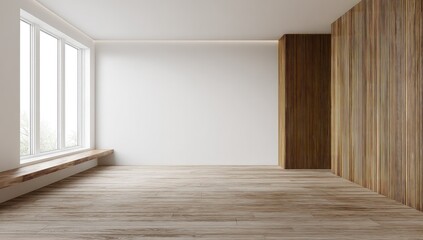 Aufkleber - Contemporary empty room with vertical wood slat panels, white walls, wide window bench, and natural light, perfect for interior mockups, staging, or minimalist designs
