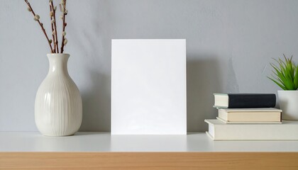 Poster - Blank frame with books and decor on shelf.