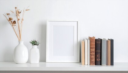 Poster - Blank frame with decor on white shelf.